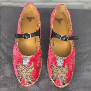 John Fluevog Pink and Black Velvet Flats with Embroidery